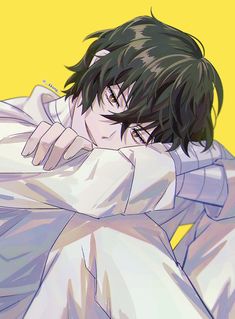 an anime character with black hair and green eyes, leaning on his arm to the side