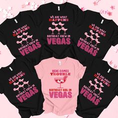 "Celebrate your birthday with these fun Vegas birthday crew shirts! These high Quality matching shirts will make you and your friends stand out in the crowd! Perfect for birthday parties or birthday girls' trips to Las Vegas!  * 100% combed and ring-spun cotton * Heather Colours contain polyester * Fabric weight: 4.2 oz/yd² (142 g/m²) * Pre-shrunk fabric * Side-seamed construction * Shoulder-to-shoulder taping  (Please note the listing is for ONE t-shirt only) --- HOW TO ORDER --- 1. Select the Design + Color that you prefer for the shirt. 2. Select the Size that you require. 3. Click the \"Add To Cart' Button - If ordering multiples you will need to repeat steps 1-3, clicking on the thumbnail or the title to go back to the listing. 4. When you have added to cart all the tops you need you Outfits For La, Birthday In Las Vegas, Birthday Group Shirts, Vegas Birthday, Group Shirts, Matching Couple Outfits, Las Vegas Trip, Crew Shirt, Couple Outfits