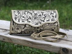 Hand-Tooled Leather Large Clutch & Crossbody "Ondulada" by ALLE more Colors Boho Style Purses, Western Style Purse, Mexican Purse, Large Crossbody Purse, Tooled Leather Handbags, Vintage Leather Handbag, Tooled Leather Purse, Large Clutch, Large Leather Tote