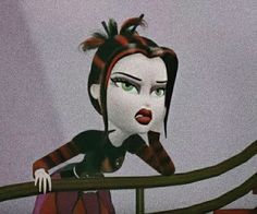 an animated woman with green eyes and red hair is standing on a railing looking at the camera