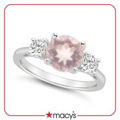 A beautiful round Rose Quartz is flanked by shimmering White Topaz in this classic 3-Stone ring design. Crafted in sterling silver. Stone Ring Design, 3 Stone Rings, Women Rising, White Topaz, Silver Roses, Stone Rings, Ring Designs, Rose Quartz, Topaz