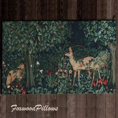 an image of a forest scene with deers and flowers on the wood wallpaper