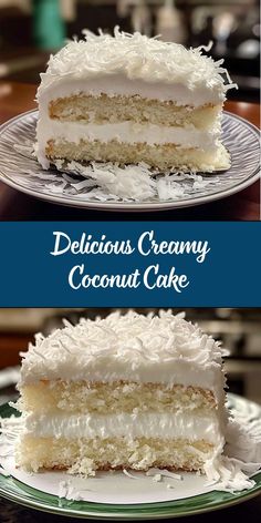 two different pictures of a cake with coconut frosting