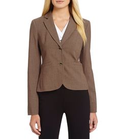 From Calvin Klein Petite&#x2C; this jacket features: luxe stretch fabric notch collar long sleeves padded shoulders side front pockets back vent 2-button front closure with signature logo button approx. 23" center back length fully lined polyester/rayon/spandex dry clean Imported. Job Interview Outfit, Capsule Outfits, Workwear Jacket, Long Sleeve Jacket, Collar Jacket, Notch Collar, Teenager Outfits, Sleeve Jacket, Notched Collar