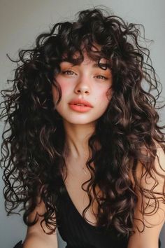 Shaggy Long Hair Curly, Long Layered Curly Hair With Bangs, Thick Curly Bangs, Curly Cuts With Layers, Layered Curly Haircuts, Hair Heart, Curly Shag Haircut, Long Curly Haircuts, Curly Hair Cuts With Layers