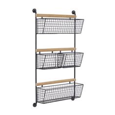 three tiered metal basket rack with wheels and wooden handles on the bottom, one is holding two baskets