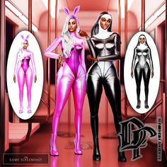 two women in pink and black catsuits standing next to each other on a red floor