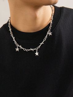 Silver Punk,Fashionable Collar  Iron Alloy   Embellished   Men Fashion Jewelry Streetwear Jewelry, Chain Necklace For Men, Rock Jewelry, Star Pendant Necklace, Estilo Hip Hop, Chain Choker Necklace, Necklace For Men