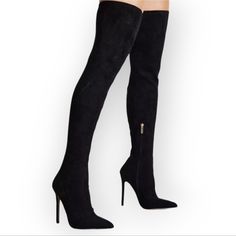 Asos Design Wide Fit Koko Heeled Over The Knee Boots In Black Micro Over-The-Knee Design Pull-On Style Zip-Side Closure Pointed Toe High Point Heel Wide Fit Heel Height: 10.5cm/4" Soft Faux-Suede Upper Lining Sock: 50% Other Materials, 50% Textile, Sole: 100% Other Materials, Upper: 100% Textile. Wipe Clean With A Damp Cloth Or Sponge Tan Knee High Boots, Embossed Boots, Pointed Boots, Patent Boots, Black High Heel Boots, Asos Shoes, Socks And Heels, Black Suede Heels, Black Chelsea Boots