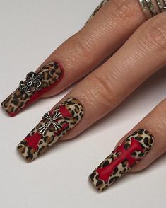 inspired by the @chromeheartsofficial leopard print bag 🐆♦️ using @apresnailofficial @the_gelbottle_inc done @nuka.nails | Instagram Nail Art Leopard, Leopard Print Nail, Cross Nails, Leopard Print Bag, Cheetah Nails, Leopard Print Nails, Pointed Nails, Girly Acrylic Nails