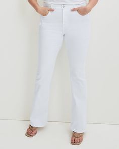 In our fresh white wash, the Beverly jean features a high-rise waist that is fitted through the hips and thighs with a subtly flared leg. High quality stretch denim offers a flattering look with a flexible fit. Tuck in any of our tops and add sky-high heels for an elongating silhouette. White Chic Wide Leg Flares, Chic White Wide Leg Flares, Chic White Wide-leg Flares, Chic Fitted White Flares, Chic White Fitted Flares, Trendy White Spring Flares, White Stretch Flare Jeans, Trendy White Stretch Flare Jeans, White Wide Leg Flares For Spring