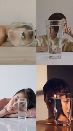 four different shots of people with their faces in water and pears on the table