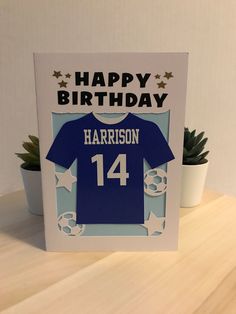 Handmade Birthday card for the football fan in your life.  Made with high quality card and vinyl, this can be personalised with Name, age and the colour of the shirt.  It measures roughly 5x7inches and comes with a Kraft envelope. Insert colour can be changed please select colour required in the secondary colour section. Insert will be left blank for you to write your own message. Football Birthday Card Ideas, Football Birthday Cards Handmade, Football Card Ideas, Football Cards Handmade, Football Birthday Cards, Soccer Birthday Card, Birthday Card Football, Cricut Inspiration, Creative Birthday Cards