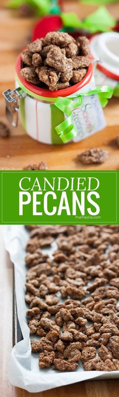 the cover of candied pecans is shown on a table with other food items