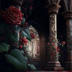 an artistic scene with roses and arches