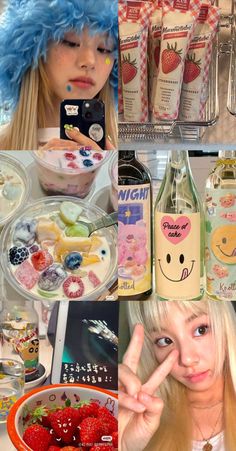 two girls with blue wigs are making faces in front of a refrigerator full of food