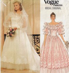 a bride's dress and veil is featured in the pattern for this wedding gown