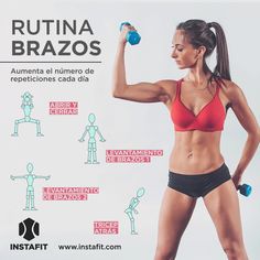 a woman in a red bra top and black shorts is doing exercises with dumbbells