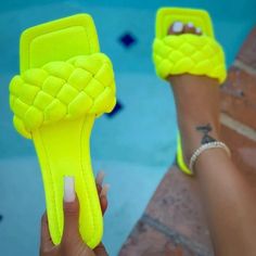 Neon Yellow Faux Suede- Square Open Toe- Braided Woven Vamp- Slip-On Slide Neon Yellow Outfit, Neon Yellow Shoes, Neon Shoes, Neon Sandals, Green Slippers, Fancy Sandals, Womens Footwear, Wedges Heels, Pretty Shoes Sneakers