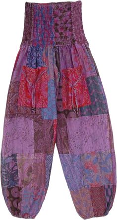 The harem pants with an overall loose fit - comfortable yet snug, because of the smocked waist area.  These cotton patchwork pants have beautiful ornate patterns in shades of purple, hence, they look bohemian and feel extremely comfortable. #tlb #SplitSkirtsPants #Patchwork #Pocket #Yoga #Handmade #Patchworkharemcottonpants #purpleharempants Purple Bohemian Harem Pants For Summer, Bohemian Purple Harem Pants For Summer, Pink Bohemian Patchwork Bottoms, Casual Purple Patchwork Bottoms, Purple Bohemian Pants For Festival, Bohemian Purple Pants For Festival, Bohemian Purple Festival Pants, Purple Cotton Harem Pants With Elastic Waistband, Bohemian Purple Bottoms With Pockets