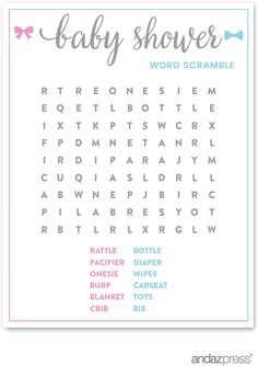 the baby shower word scramble is shown in pink, blue and green colors with words below it