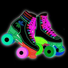 two roller skates with colorful wheels on a black background