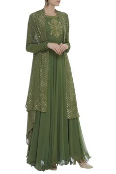 Exhibiting this imposing green toned anarkali ensemble crafted splendidly with the sheer free-flowing georgette and is enriched with the delicate highlight of hand embroidery. 
Set of 2 - Anarkali,Cape
Resham Thread Embroidery
Sequins Embroidery
Zari and Gota Work
Mukaish Embroidery
Round Neckline
Churidar Sleeve
Cinched Waist
Flared Silhouette - Aza Fashions Indowestern Dresses, Kurta Sets For Women, Cape For Women, Designer Kurta, India Style, Embroidered Anarkali, Knife Pleat, Pleated Sleeves, Couture Details