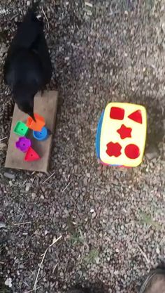 a child's feet standing next to a cake on the ground