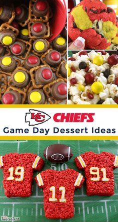 football themed desserts and treats are featured in this collage with the words game day dessert ideas