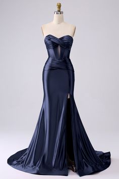 ZAPAKA Sparkly Darrk Navy Prom Dress Mermaid Sweetheart Corset Long Evening Party Dress with Slit Navy Prom Dress, Prom Dresses Long Black, Black Lace Evening Dress, Sweetheart Corset, Navy Prom Dresses, Off Shoulder Evening Dress, Mermaid Sweetheart, Pink Evening Dress, Simple Prom Dress