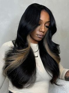 Hair color: Jet Black with Chunky Blonde Highlights</BR>  Hair length: 20 Inches</BR>  Hair density: 200%</BR> Black Hair With Peekaboos Blonde, Black And Blonde Highlight Wig, Skunk Stripe Sew In, Black And Blonde Weave, Faux Highlights Black Hair, Black And Blonde Hair Black Women, Jet Black Hair With Highlights, Highlighted Wig, Black With Blonde Highlights