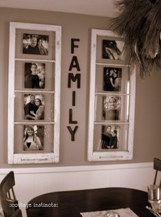 two windows with family pictures on them and the word family is displayed in black and white