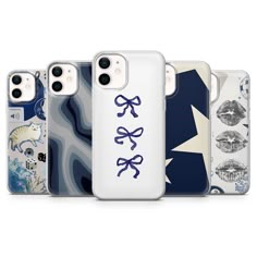 four iphone cases with different designs on them, one is blue and the other is white