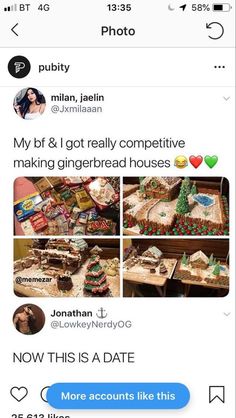 an instagramted photo with the caption'my boyfriend & i got really competitive making gingerbread houses now this is a date '