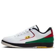 The Air Jordan 2 Low 'QUAI 54 2023' is a stylish and modern sneaker that is perfect for everyday wear. Its sleek silhouette and white colorway with accents of green and red make it a fashionable choice for any occasion. The sneaker is designed to provide maximum comfort and durability with its wear-resistant sole material. Inspired by the Quai 54 basketball tournament, this sneaker is a must-have for any Air Jordan fan. Whether you're running errands or going out for the night, the Air Jordan 2 Low 'QUAI 54 2023' is the perfect choice. White Casual Sneakers With Red Sole, Green Sneakers With Red Sole For Sports, Green Sporty Sneakers With Red Sole, Sporty Green Sneakers With Red Sole, Casual Green Sneakers With Red Sole, Casual White Skate Shoes With Red Sole, Casual High-top Sneakers With Red Sole For Light Sports, Basketball Tournament, Jordan 2