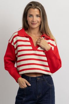 Knit Sweater With Contrast Stripes, Red Tops With Contrast Stripes For Winter, Winter Red Tops With Contrast Stripes, Knit Tops With Contrast Stripes For Winter, Winter Knit Top With Contrast Stripes, Winter Knit Tops With Contrast Stripes, Red Striped Sweater, Crochet Midi Dress, Preppy Chic