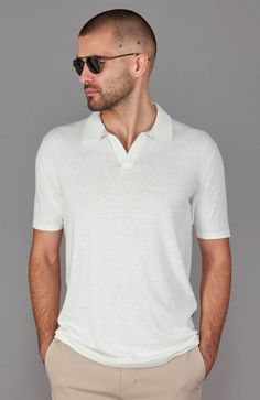 Short Sleeve Open Collar Resort Wear Top Raphael is a light weight summery buttonless polo shirt, made from a cool, comfortable blend of linen and cotton. With its open collar and flattering semi-relaxed resort wear fit, this easy-to-wear polo shirt is the perfect addition to your holiday wardrobe. Breathable and airy, the cotton linen blend is ideal for the warmer months, providing comfort even when temperatures soar. Ideal to style it with flat front shorts and espadrilles for a more comfortab Biodegradable Clothing, Open Collar Shirt, Collar Shirt Men, Polo Shirt White, Holiday Wardrobe, Cut Shirts, Polo Shirts, Resort Wear, Cotton Linen