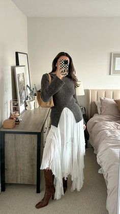 fall outfit, boho outfit, white maxi skirt, fall capsule wardrobe styling, outift ideas, style tips Boho Skirt Outfit Winter, Crochet Maxi Skirt Outfit, White Maxi Skirt Fall Outfit, Long White Skirt Outfit Fall, White Shrug Outfit, White Tiered Skirt Outfit, Boho Maxi Skirt Outfit, Long Skirt Fall Outfits, Boho Skirt Outfit