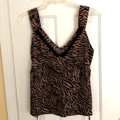 New Women’s Tiger Camisole Top. Size M. Lace Around Front V Neck. Ties In Back. Brown Sleeveless Top With Built-in Bra, Sleeveless Brown Top With Built-in Bra, Brown Camisole With Built-in Bra, Brown Cami Tank Top With Built-in Bra, Back Tie Top, Tan Tank Top, Denim Tank Top, Hot Pink Tank, Brown Tiger