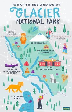 an illustrated map of glacier national park with people and animals in the snow, surrounded by trees