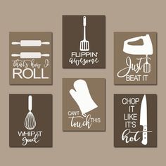 six kitchen wall art prints with words on them