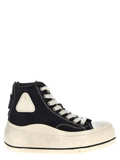 'High Top' cotton canvas sneakers with back zip closure and front laces, oversized rubber sole, used-effect details. Composition: 100% cotton Loafer Sneakers, Latest Sneakers, Denim Branding, Sneaker Wedge, High Top Shoes, Canvas Sneakers, Leather Accessories, Manolo Blahnik, Clutch Handbag