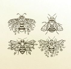 three bees are drawn in black ink on white paper, each with different designs and colors