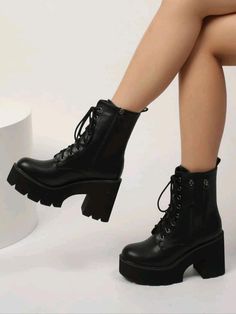 Black Boot Heels, Combat Boots Heels, Heel Combat Boots, Black Lace Boots, Heeled Combat Boots, Chunky Heeled Boots, Platform Boots Women