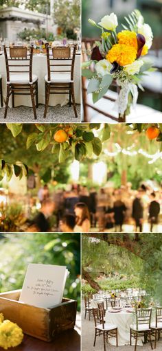 several different pictures of chairs and tables with flowers in them