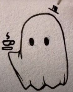 a drawing of a ghost with a cup of coffee in his hand and a top hat on its head