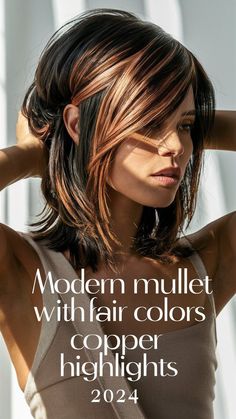 Create a photorealistic image of a woman with a layered bobstyled with copper highlightsThe model should be facing slightly to the sideshowing off the details of the hairstyleUse softnatural lighting to highlight the texture and shine of the hairInclude the text 'How to Achieve a Layered Bob with Fall Hair Colors Copper Highlightsin an elegantsans-serif font overlaid on the imageStylePhotorealisticAspect ratio2:3 (Pinterest optimal). Black Roots Red Hair, Fall Hair Colors Copper, Mama Hair, Highlight Ideas, Layered Haircuts For Medium Hair, Caramel Hair