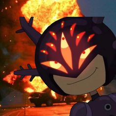 an animated character is standing in front of a large fire with flames coming out of it