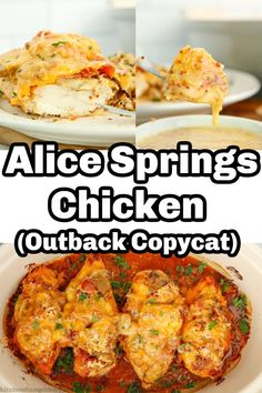 four different pictures with the words alice spring's chicken outback copycat on them