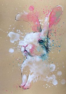 a painting of a rabbit with splatters on it's face and ears